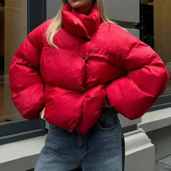 Jackets & Blazers - Red Casual Women's Big Lapel Padded Jacket